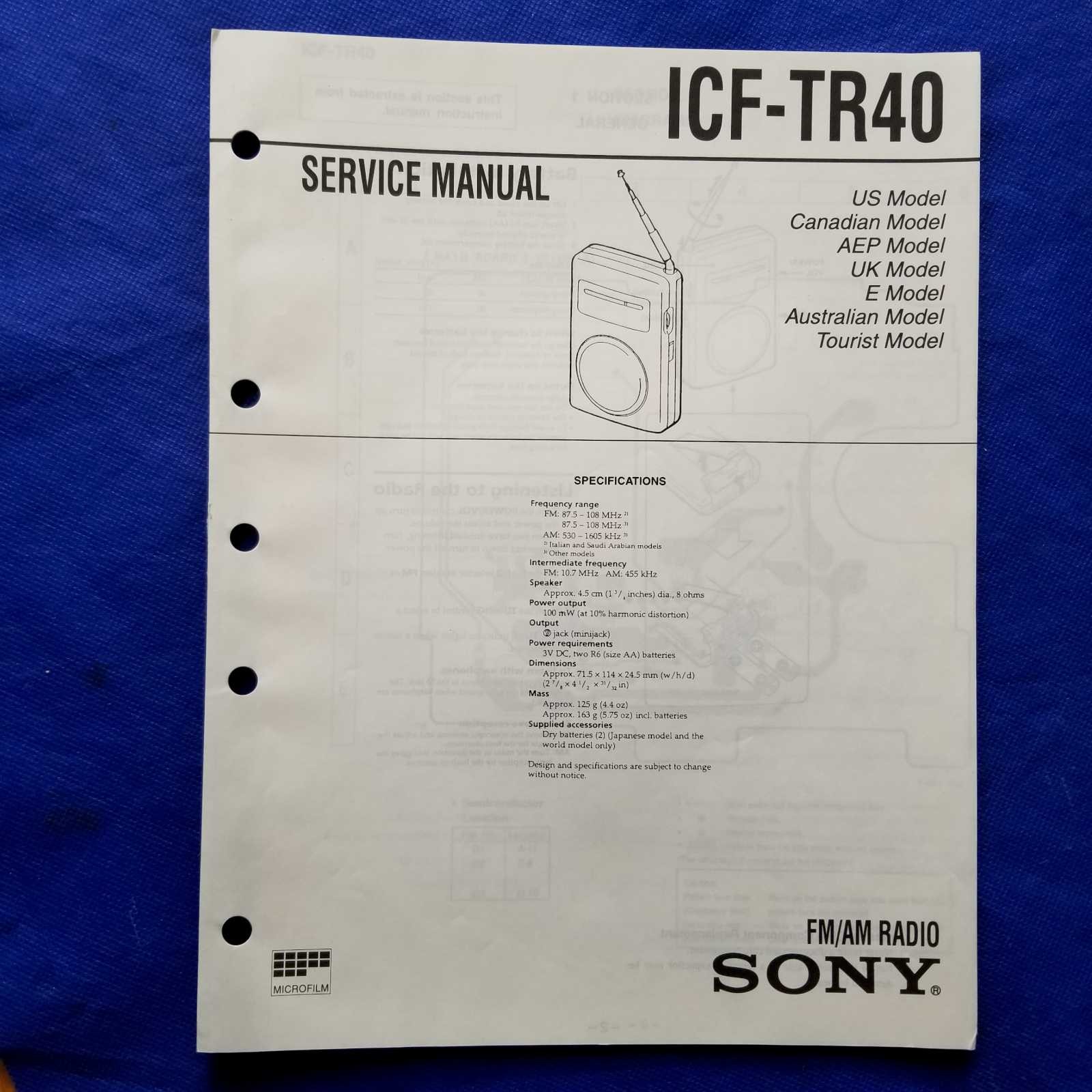 SONY ICF-TR40 Service Manual Original Paper OEM Repair Guide - USA