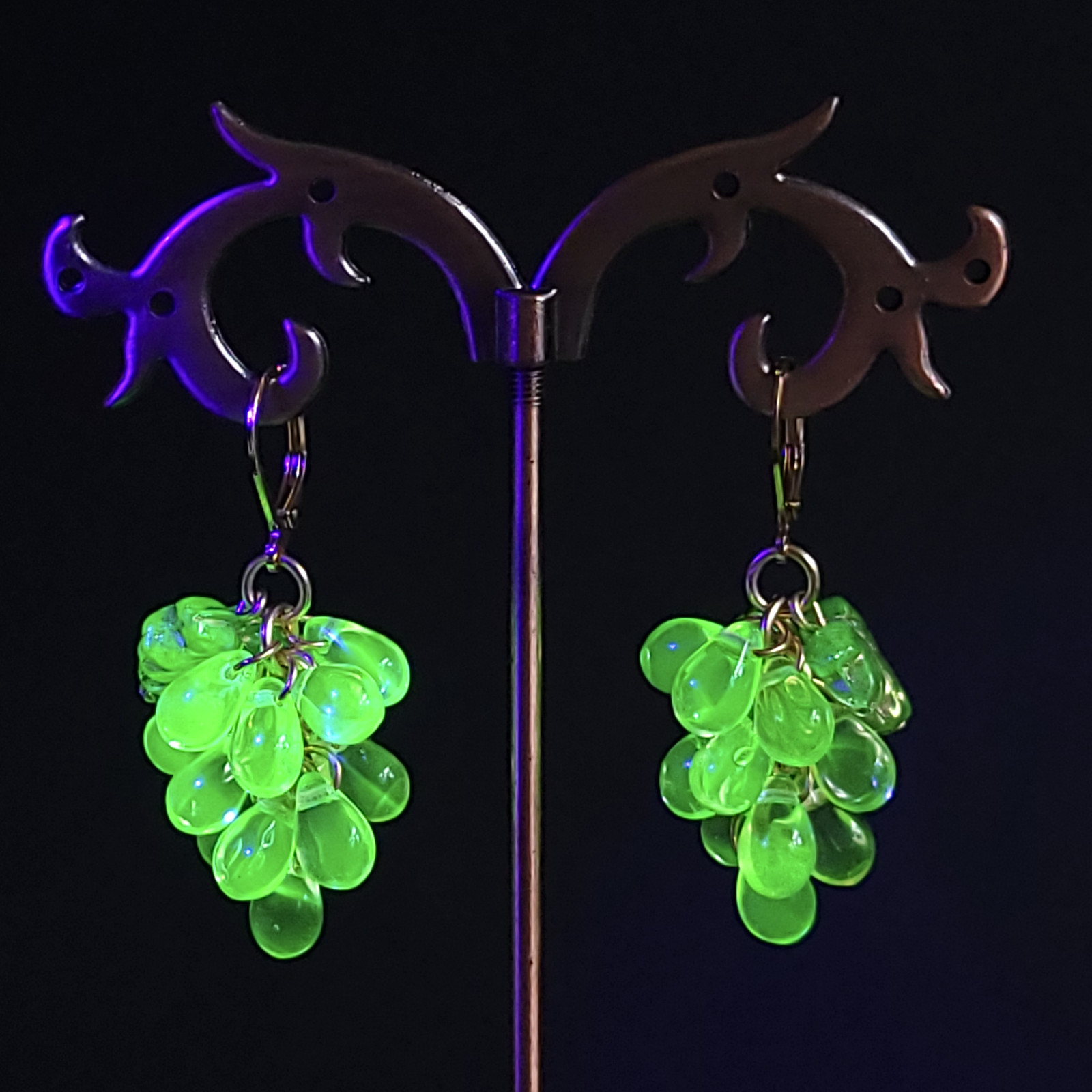 Vaseline Glass Earrings Uranium Yellow Czech Vintage Beads Grape Art Deco Style