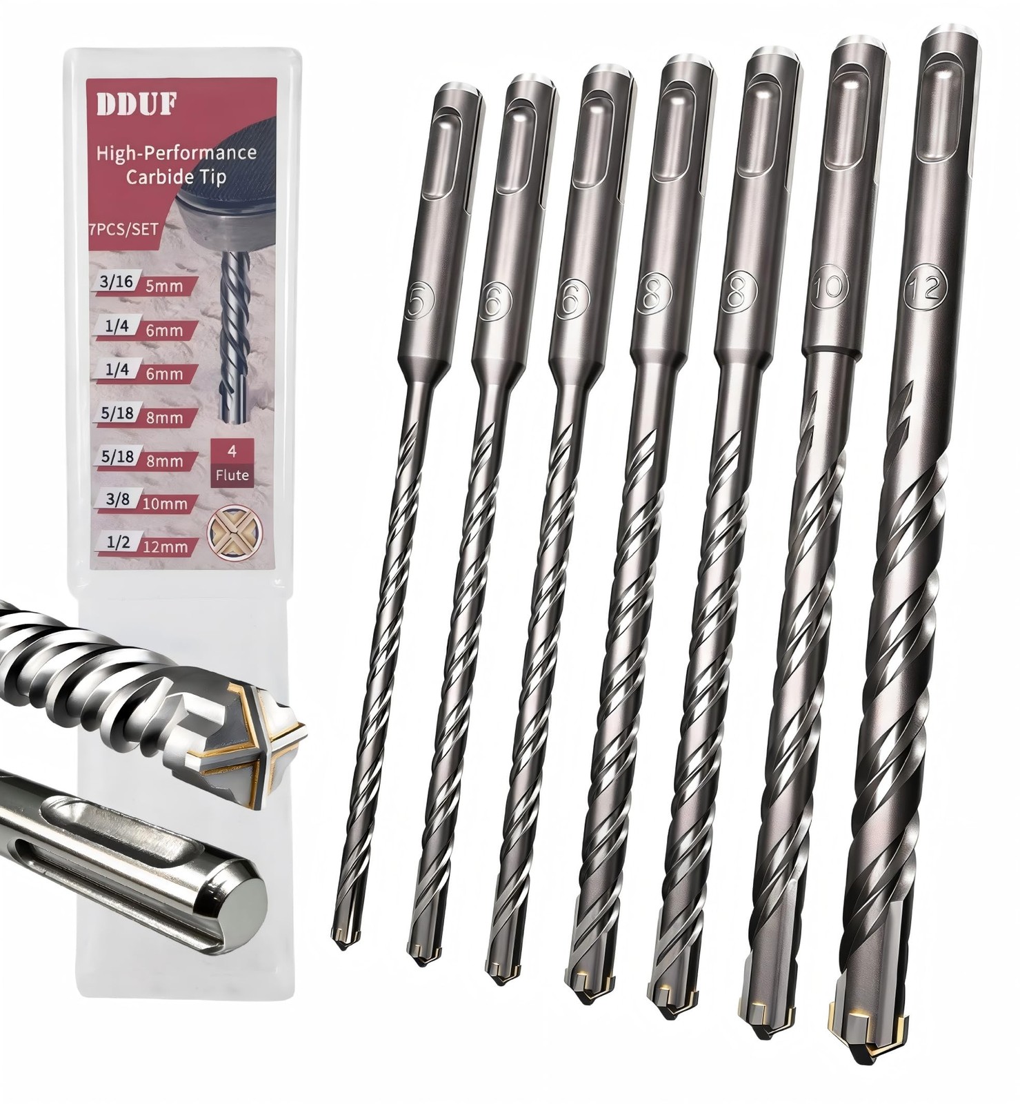 SDS Plus Masonry Drill Bit Set, 7pcs 6.3in (160mm) Rotary Hammer Drill Bits w...