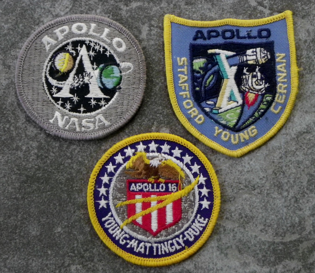 Lot of 3 Embroidered Cloth Apollo Patches-Round 5-Shield-Shaped 10-Round 16