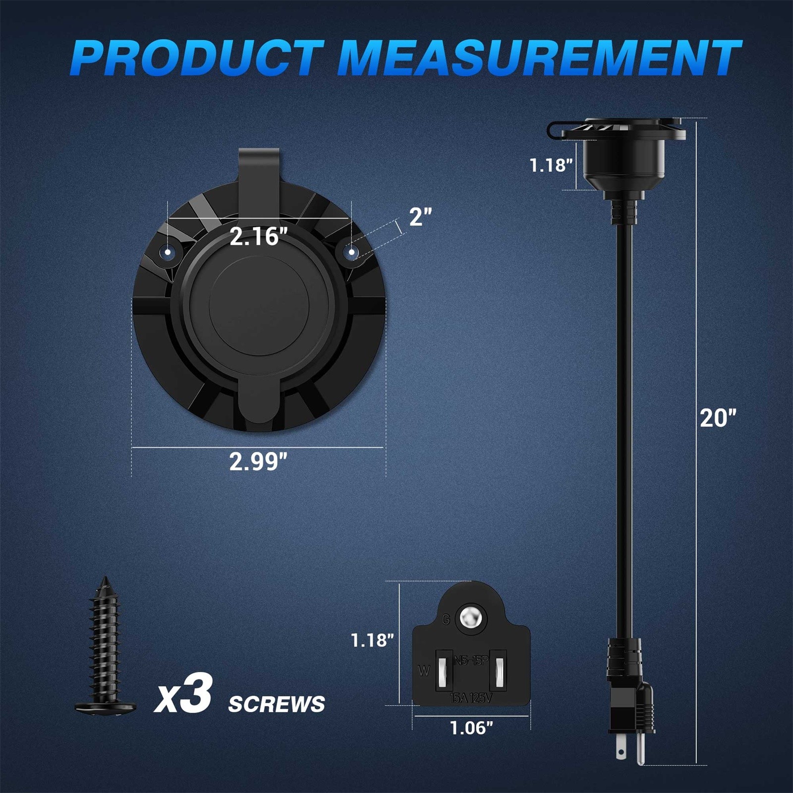 15A/20A Outdoor Power Outlet 125V Receptacle Kit with 20" Inch Extension Cord