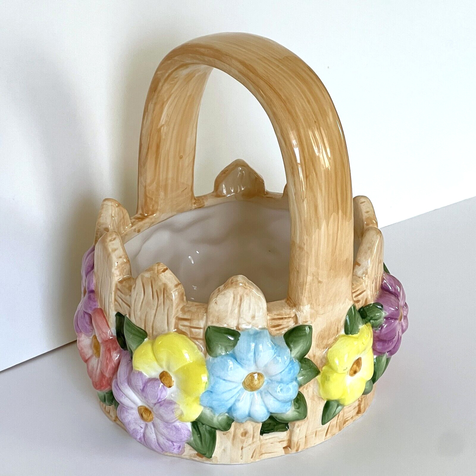 Ceramic Basket Planter Easter Spring Picket Fence Multicolor Spring Flowers