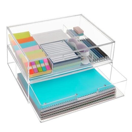 STAX Plastic Stackable Organizer Drawers (Set of 2) | Open/Divided 2pk Clear