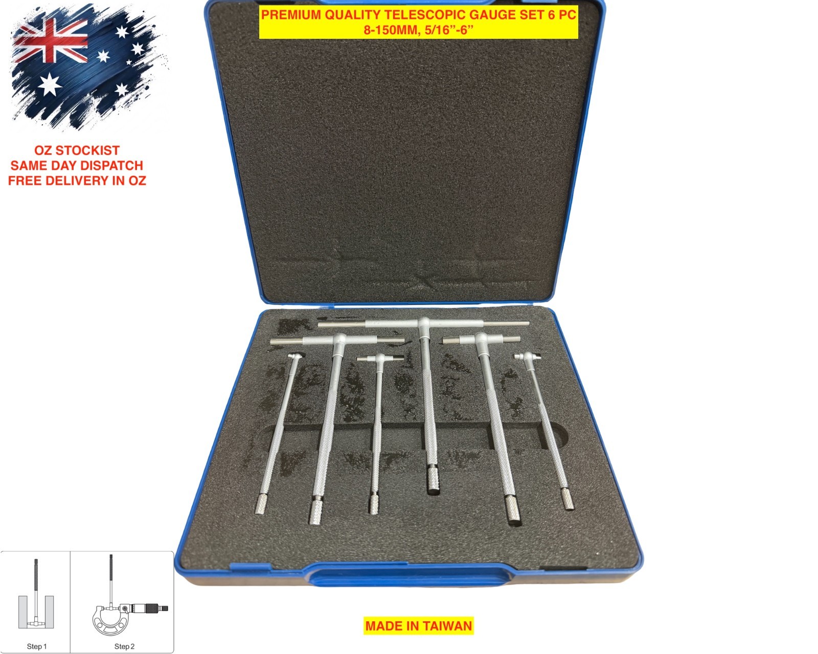 Telescopic gauge set 8 to 150mm  6pc Stainless Steel body Made In Taiwan