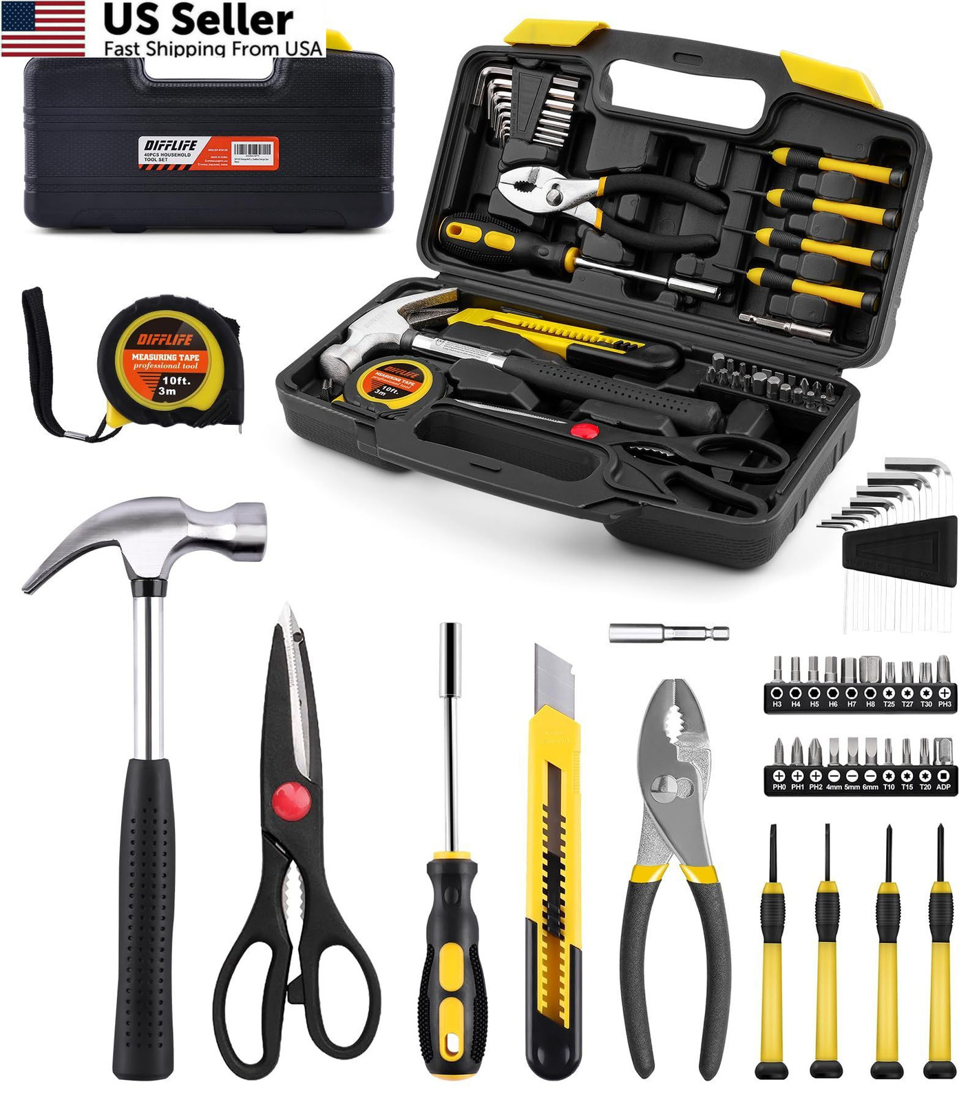 DIFFLIFE 40-Piece Tool Set - General Household Hand Kit with Plastic...