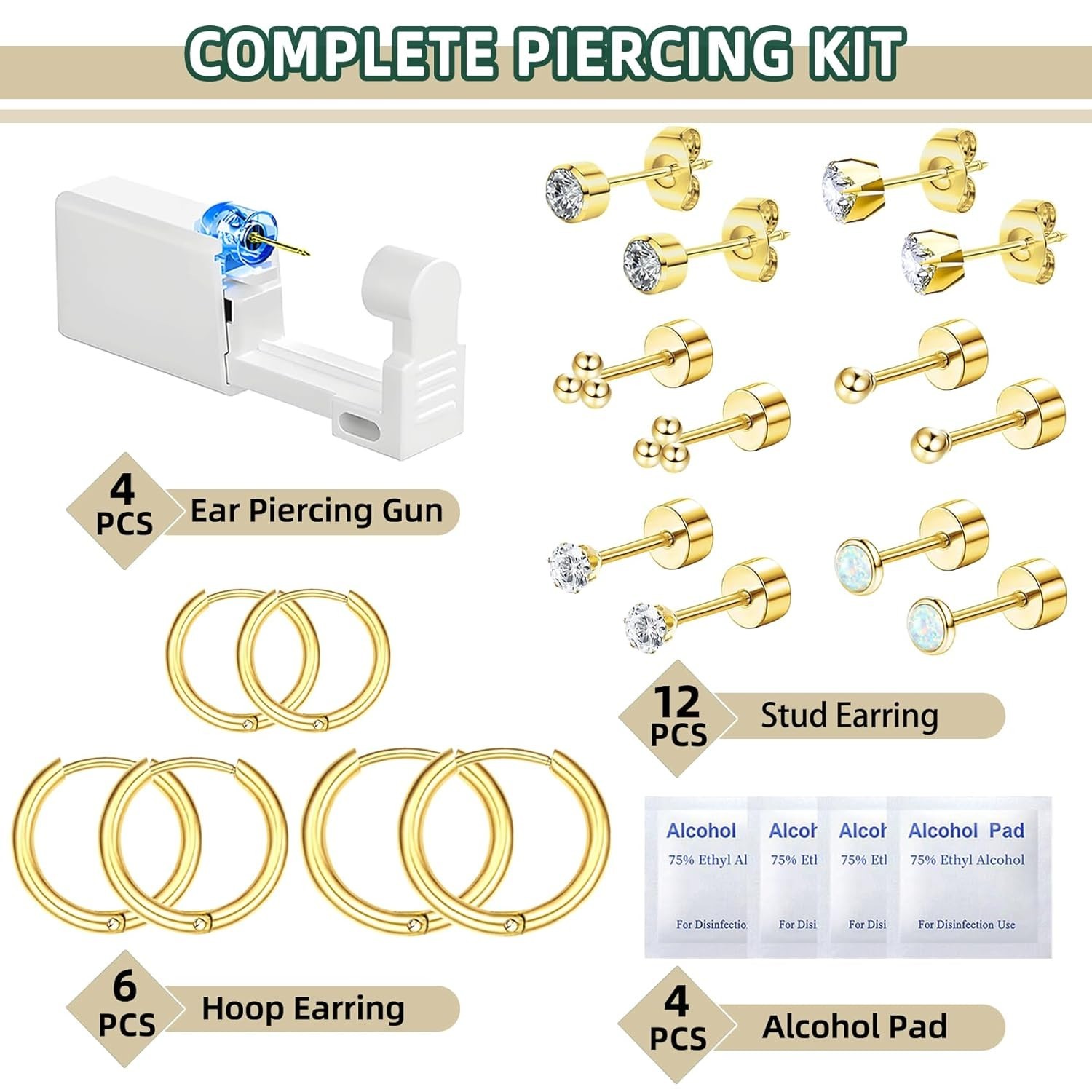 26 Pcs Ear Piercing Kit Ear Disposable Piercing Gun Kit Includes 4 Pcs Self P...