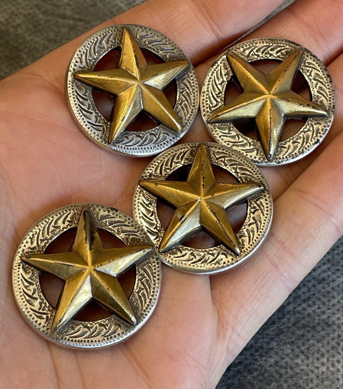 Antique Style Silver Bronze Metal Buckle Star Detail Appliques Set Of 4