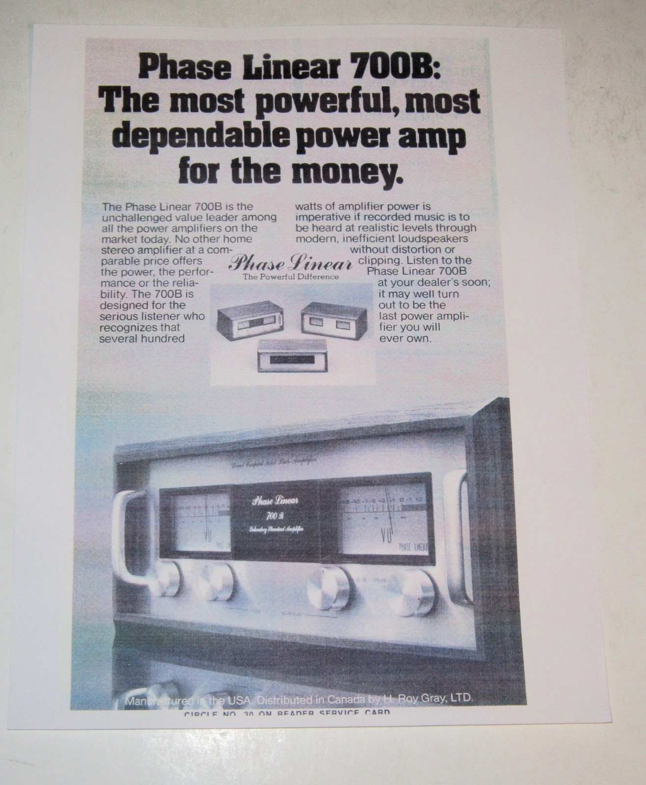 Phase Linear 700B Amplifier Ad, 1 pg, 1976, Article, Specs, Bob Carver Design