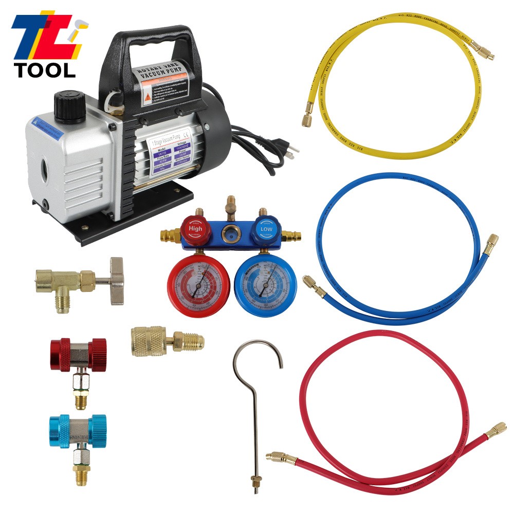 AC Manifold Gauge set Combo Air Vacuum Pump HVAC+R134A Kit AC A/C 3 CFM