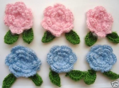 10 BIG Crochet Mohair Rose with Leaf 4" Flower/Craft/Yarn/Knitting C24-Pink/Blue