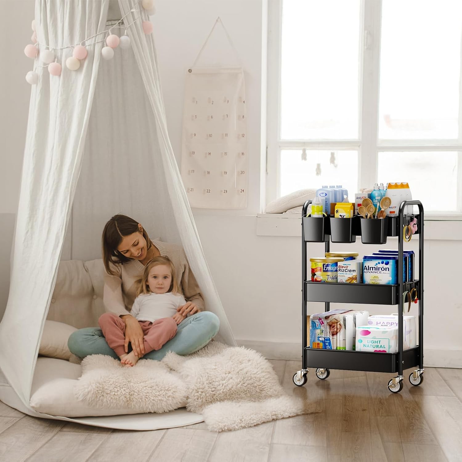 Metal mesh structure with wheels, cups and hooks, multi-use for kitchen,