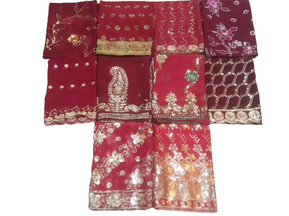 Antique Lot of 10 Indian Wedding Dupatta Golden Sequins Scarf Beaded Georgette L