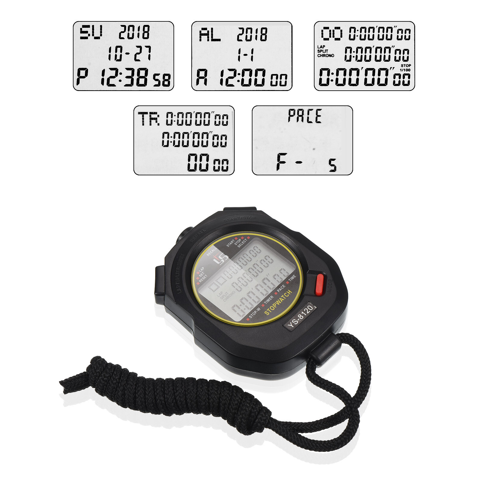 Professional Sport Stopwatch Timer 120 Lap Memory 0.01 Second Timing Black