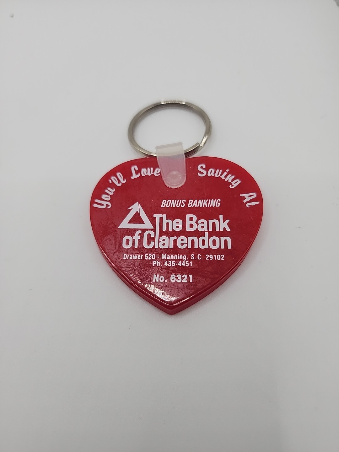 1980s Manning South Carolina Bank Clarendon Keychain SC Bonus Banking Heart Vtg
