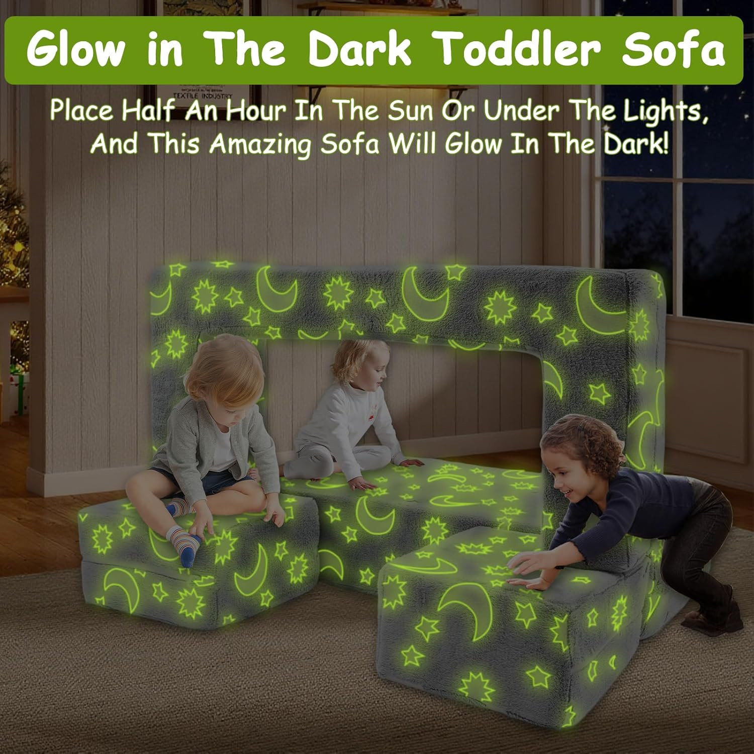 Kids Couch, 4Pcs Toddler Couch Sofa Bed, Glow-In-The-Dark Kids Chair Seat Playro