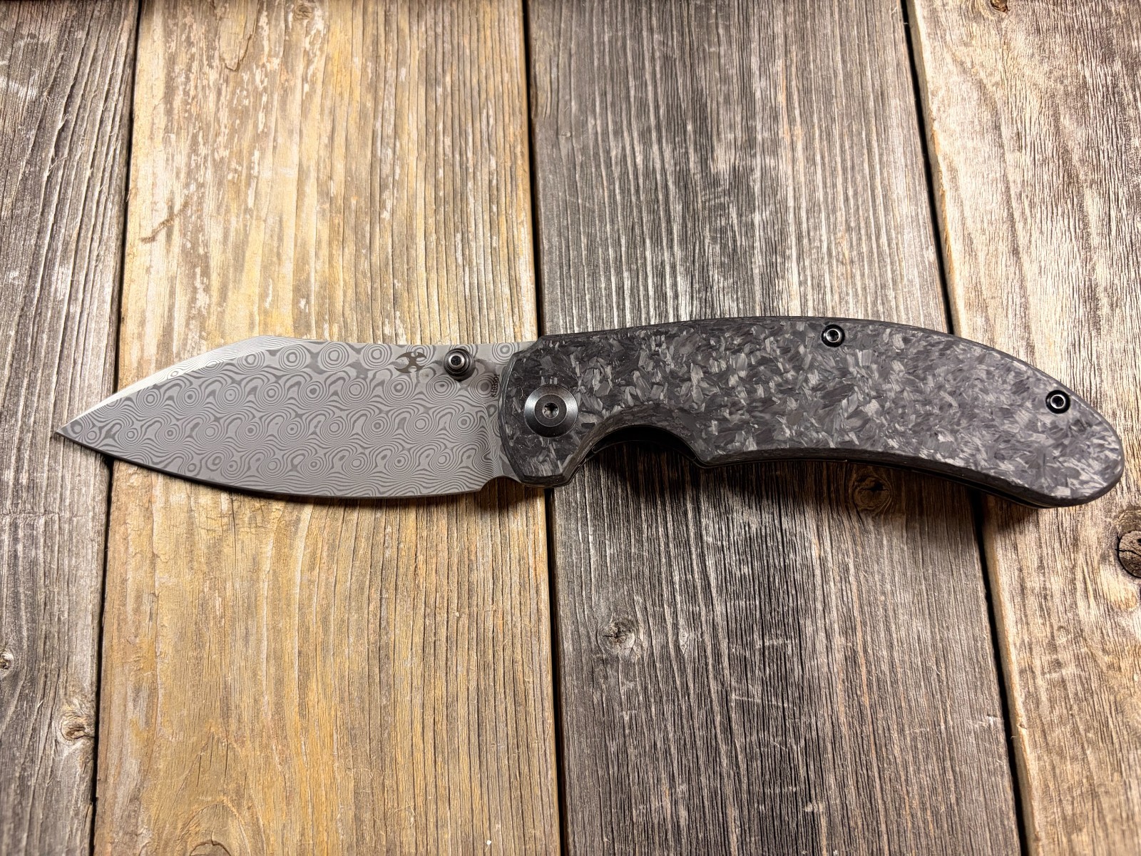 Kansept Nesstreet K1039D1 Pocket Knife 3.58'' Damascus & Shred Carbon Fiber EDC