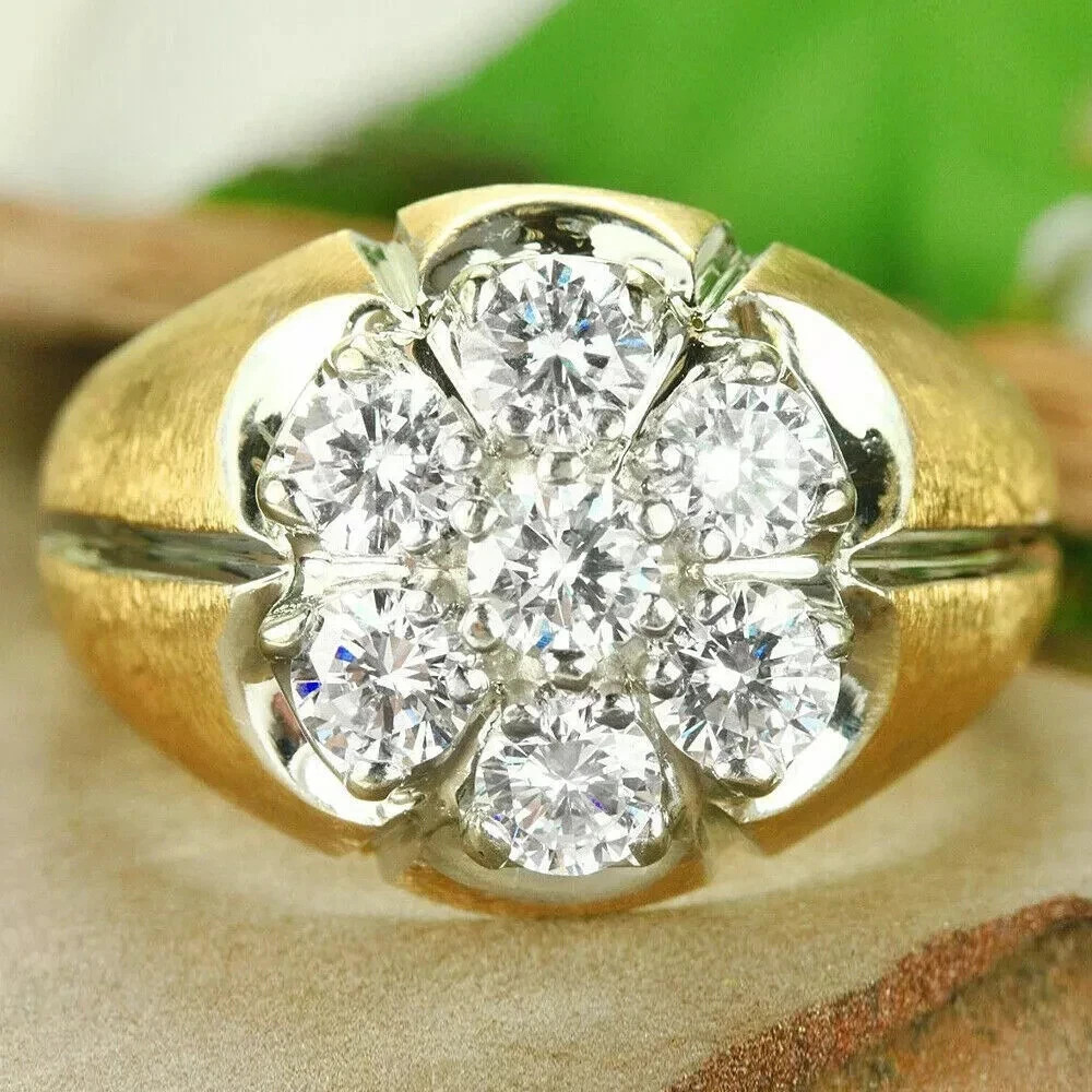Men's 1.50CT Round Cut Moissanite Cluster Engagement Ring 14K Yellow Gold Plated