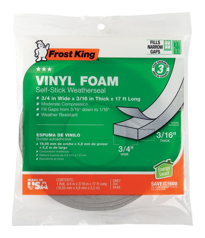 Frost King V449H Vinyl Clad Foam Waterproof Weather Seal 17 L ft.x3/16 Thick in.