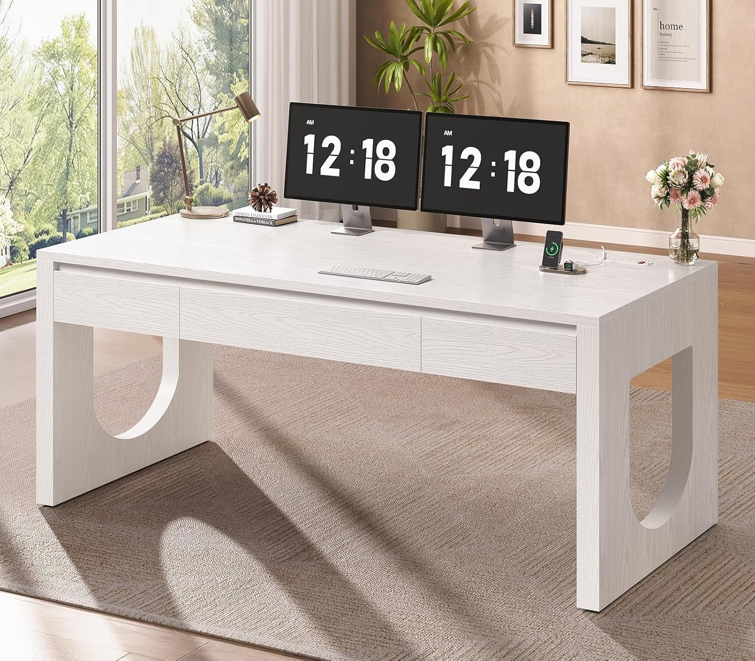 55" Office Desk with 3 Drawers, Modern Executive Desk with U-Shaped Legs, Wood C