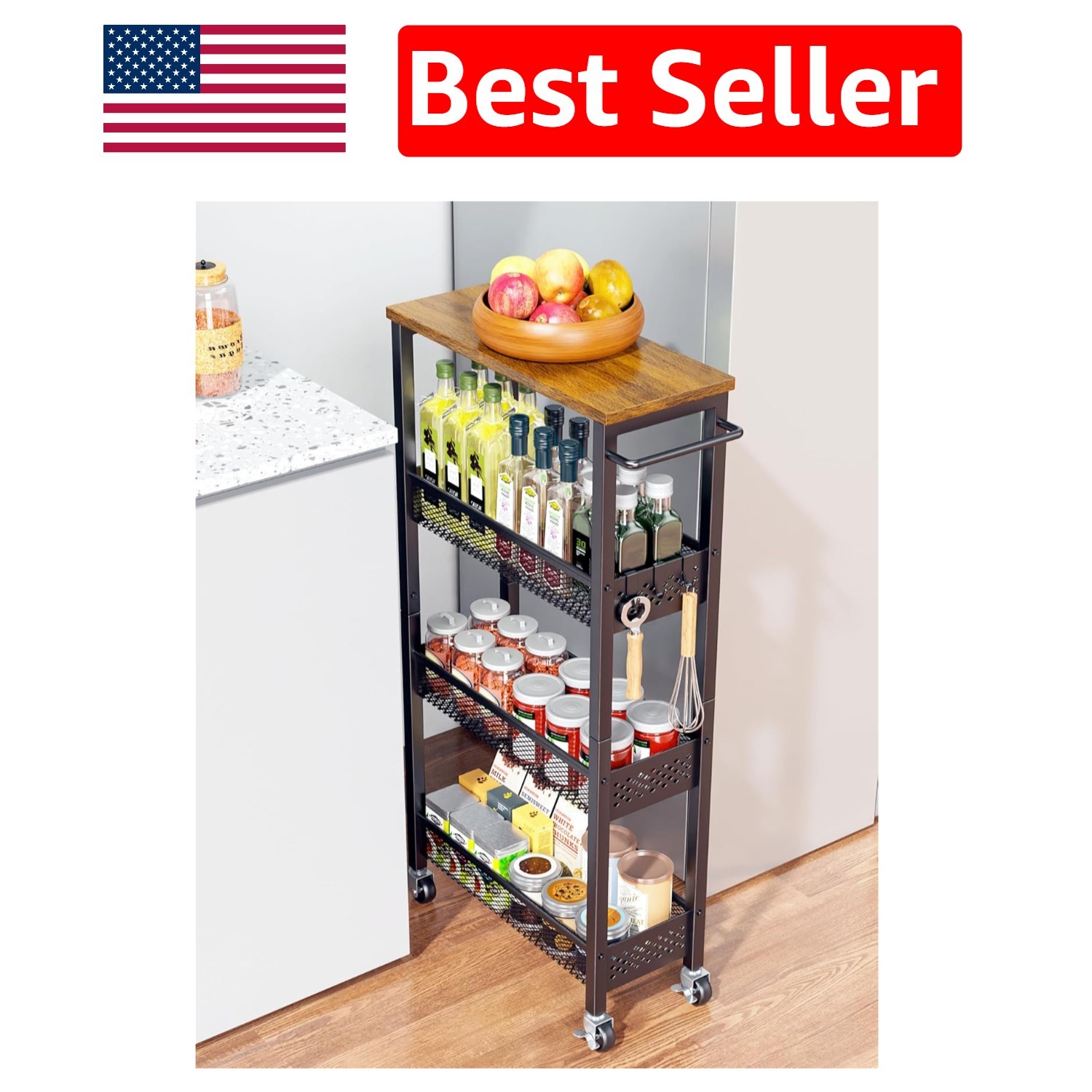 4-Tier Narrow Rolling Storage Cart - Chic Wood Top & Durable Steel Frame