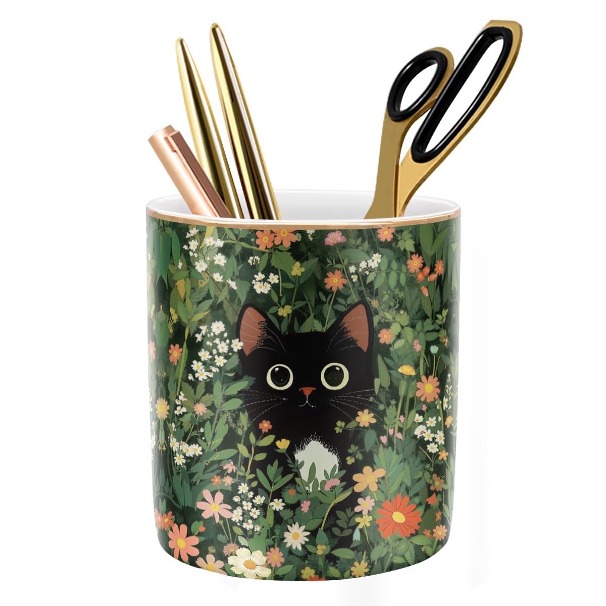 Black Cat Pen Holder for Desk Accessories, Durable Ceramic Pencil Organizer D...