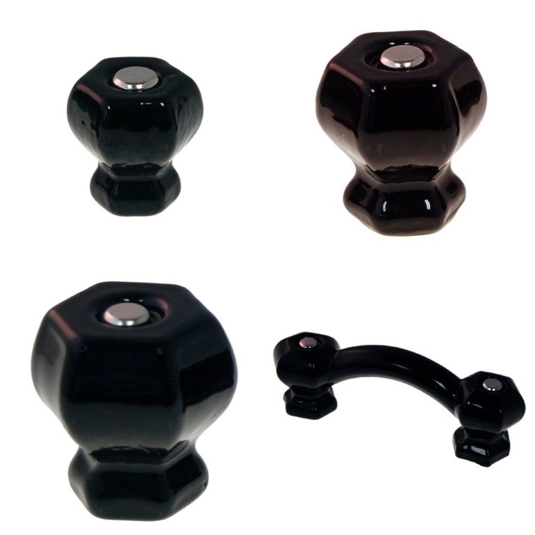 BLACK EBONY Glass Handle Hexagonal posts Pull Knob Hexagon antique vintage old