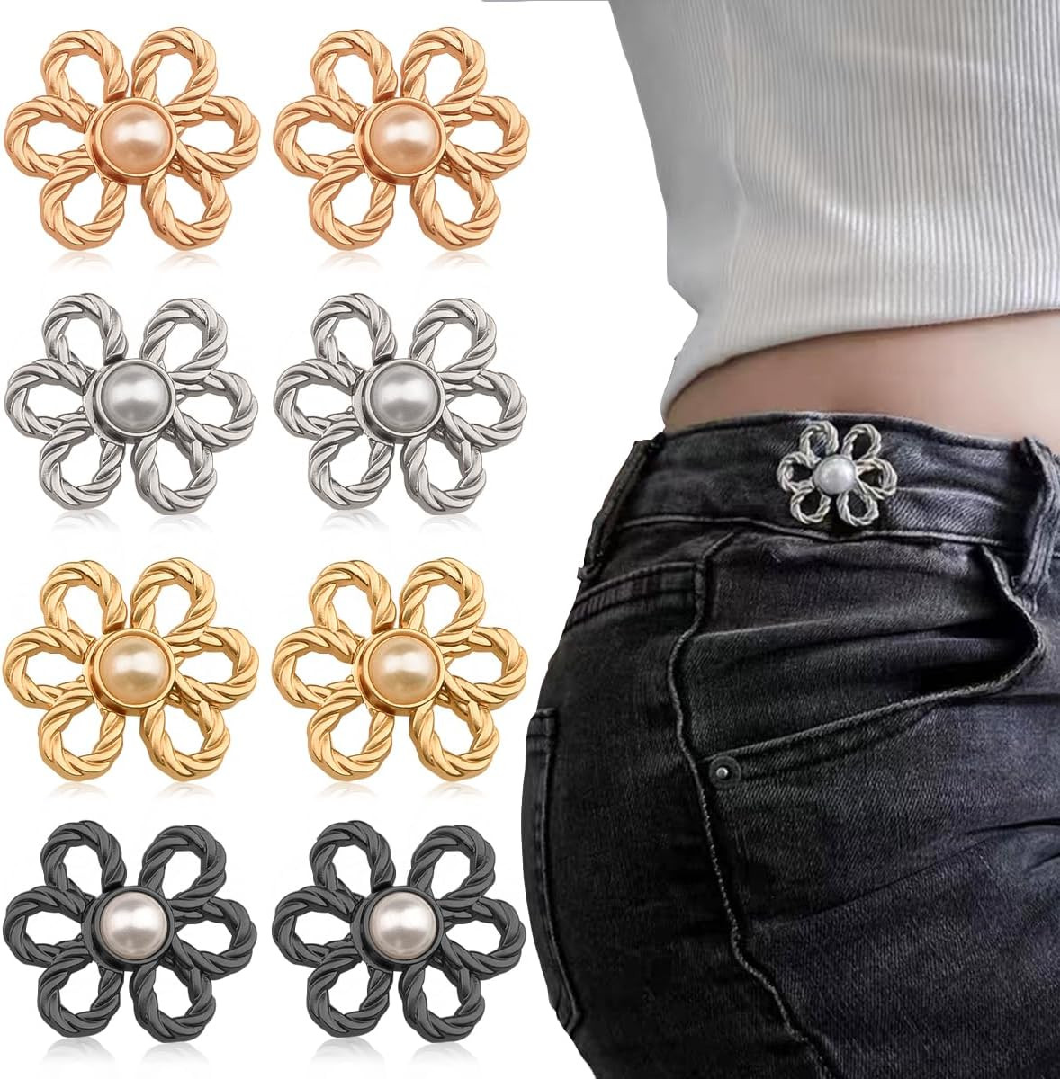 8 Sets Flower Jeans Button Pant Waist black, silver, light gold, frosted gold