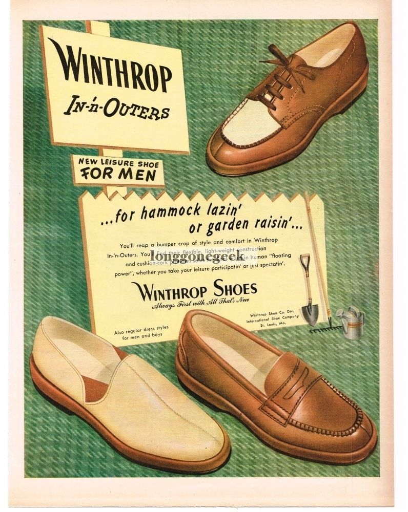1947 WINTHROP Men's Shoes In-'n-Outers Loafers Slippers Vintage Print Ad