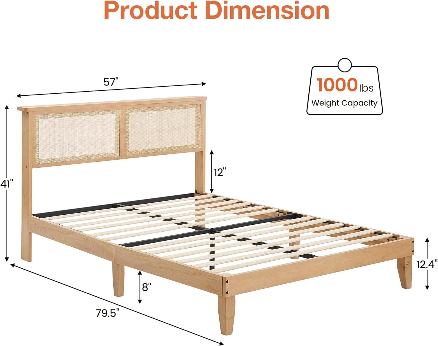 Full Bed Frame W/Rattan Headboard Platform Bed Frame LED Lights Wood Headboard