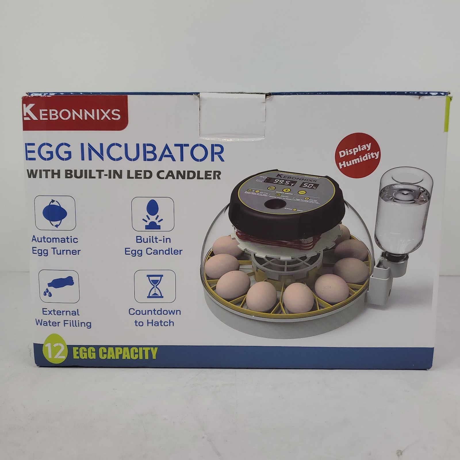 KEBONNIXS 12 Egg Incubator with Humidity Display Egg Candler Auto Egg Turn *READ