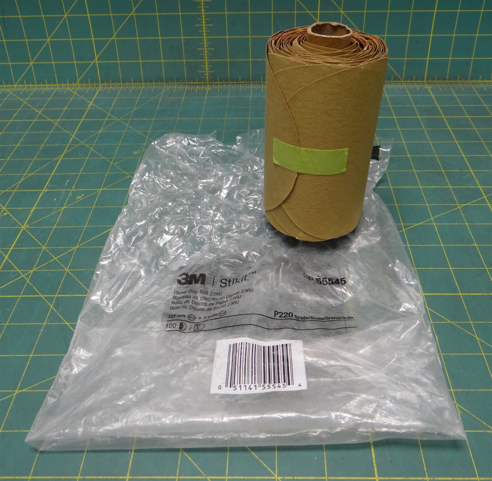 (Roll of 100) 3M 5" Dia Stikit Paper Disc Roll 236U P220 Grade Sandpaper 55545