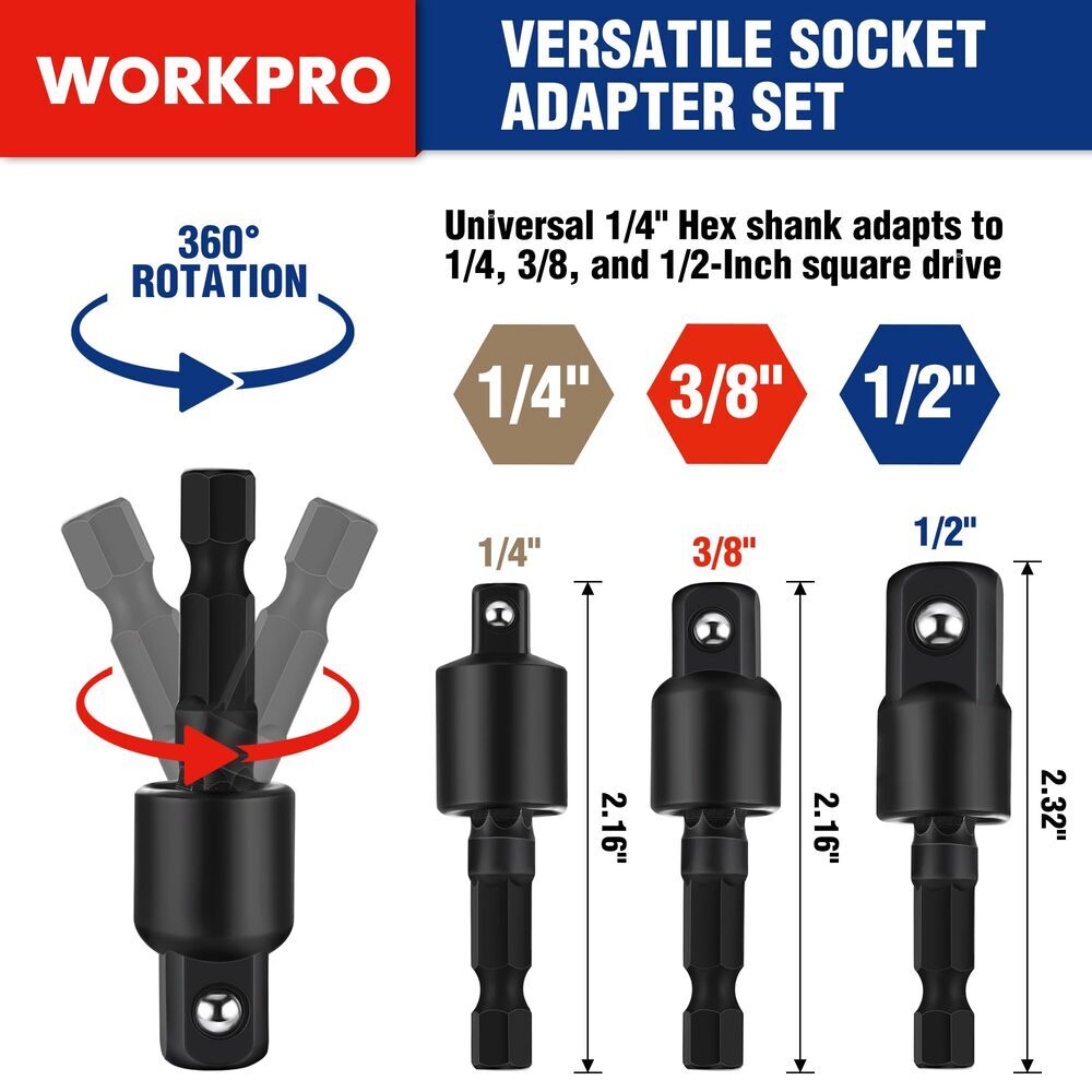WORKPRO 9PCS Impact Grade Socket Adapter Set Basic/Swivel/Long for Power Drill