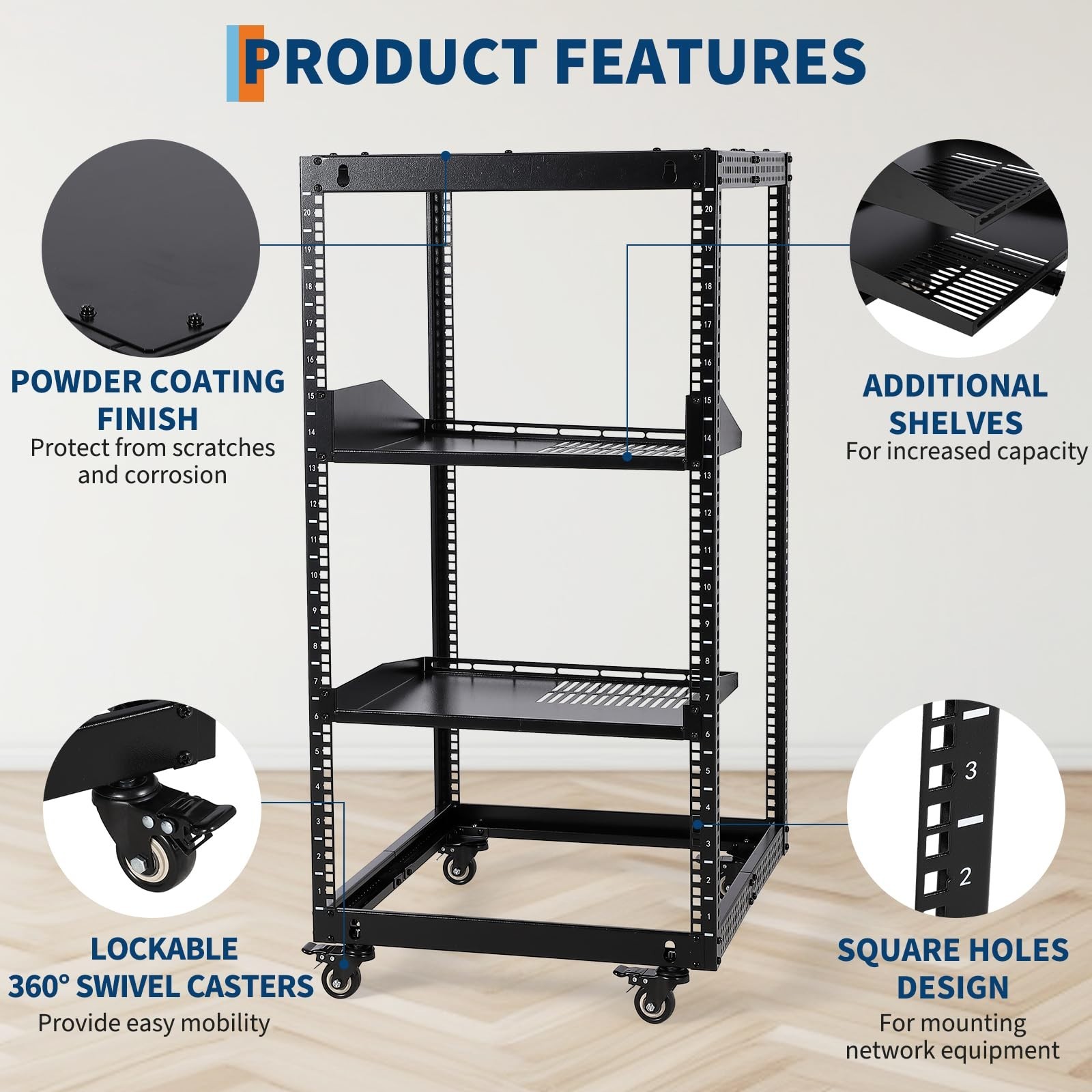 20U 4 Post Open Frame Server Rack Network Enclosure 23''-40'' with Caster