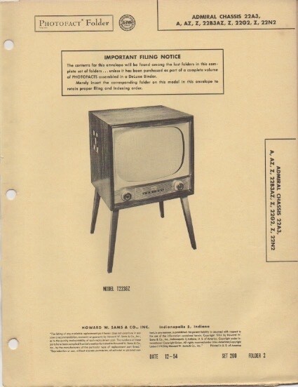 1954 ADMIRAL CHASSIS 22A3 TELEVISION SERVICE MANUAL photofact schematic 22A3A ++