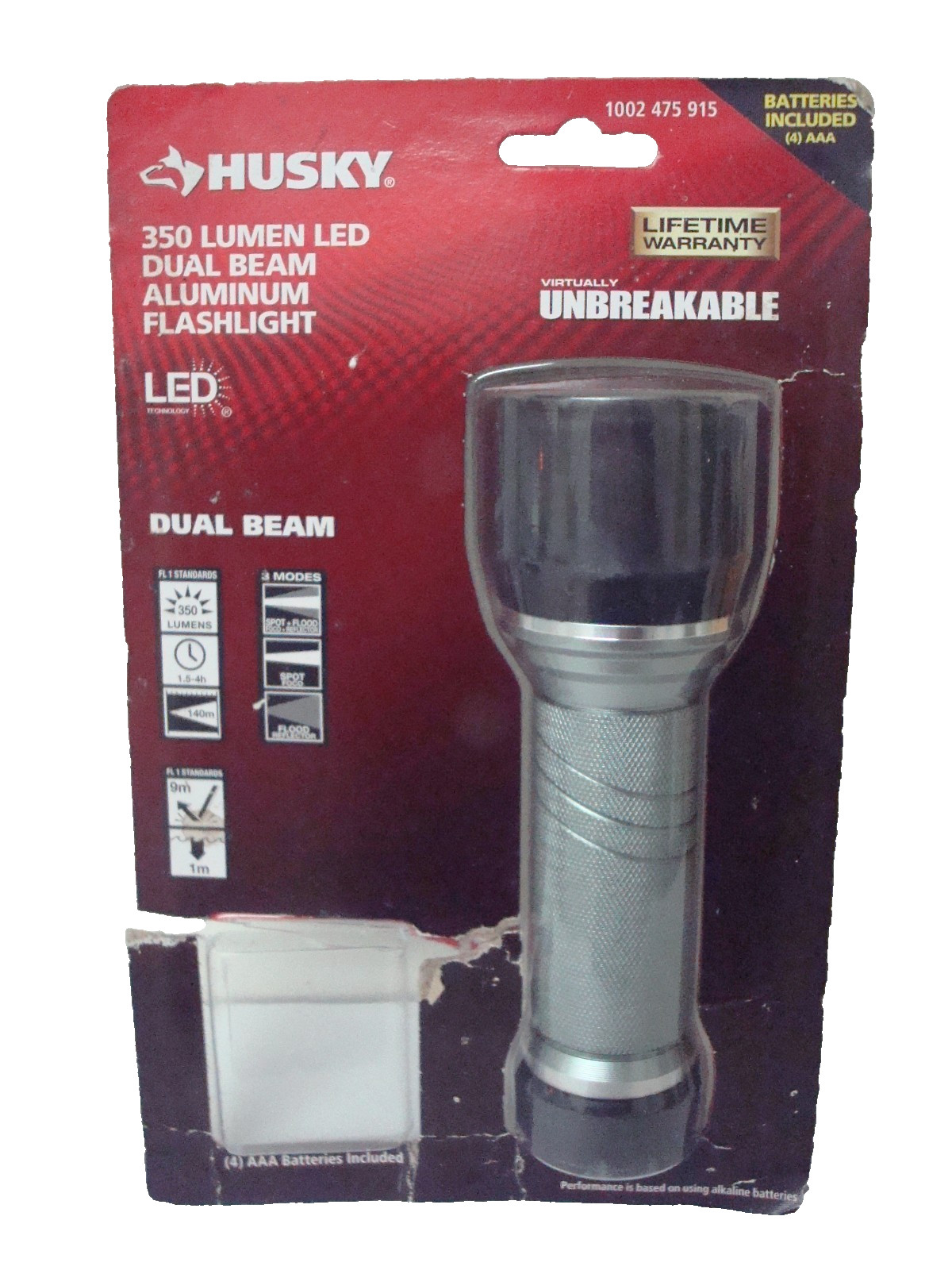 Husky 350 Lumen LED Dual Beam Aluminum Handheld Flashlight - Opened NO Batteries
