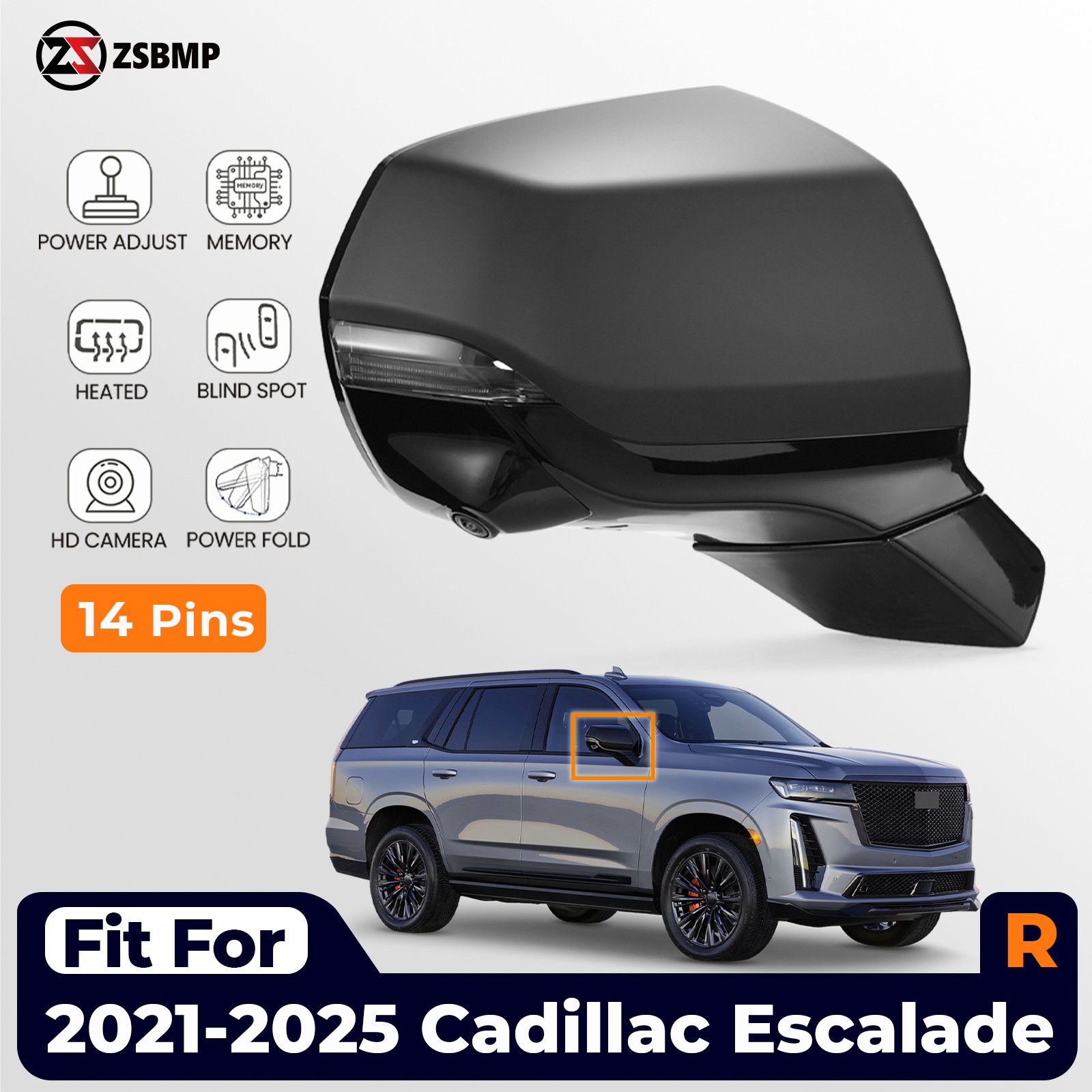 Side Mirror For 2021-2025 Cadillac Escalade W/ BSD W/ Camera Heated Right 14 Pin