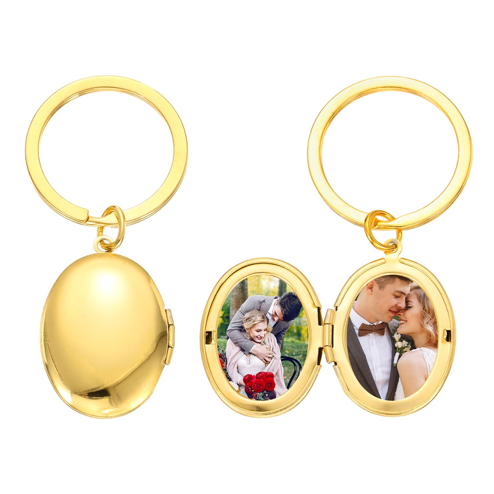Oval Stainless Steel Locket Photo Keychain for Women, Gold, 29x23.5mm