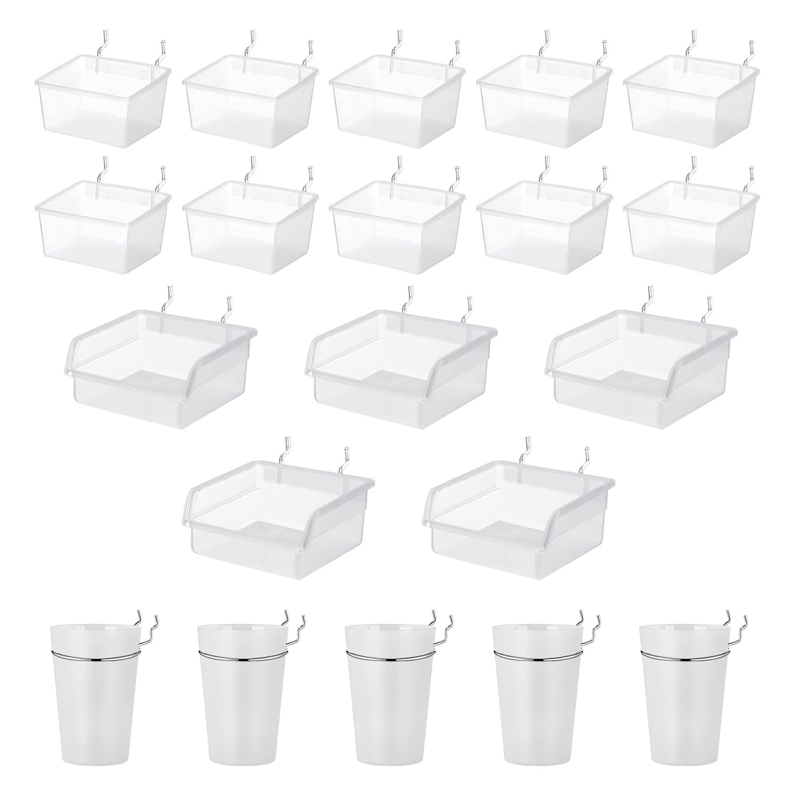 20 PCS Pegboard Cups Bins Set Wall Organizer Hooks Loops Clear Containers