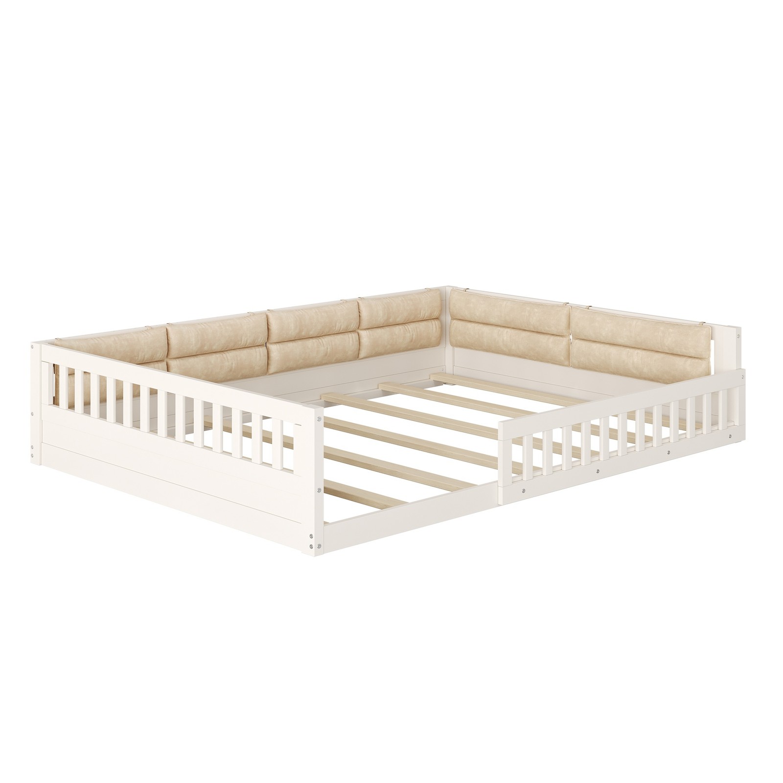 Full Size Upholstered Platform Bed with Guardrail & Pillow, Beige