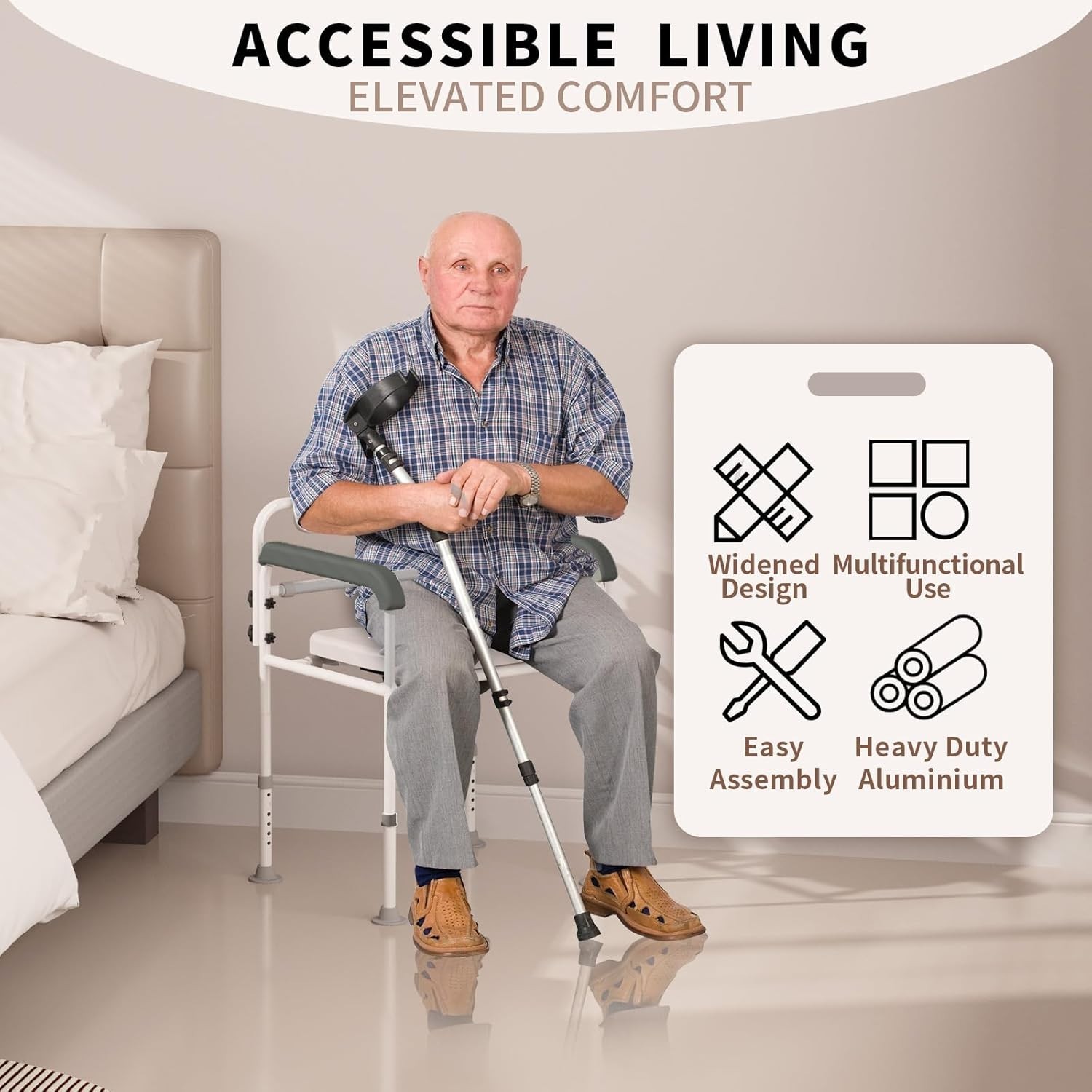 Medical Bedside Commode Chair Drop Arm Height Adjustable Padded Backrest