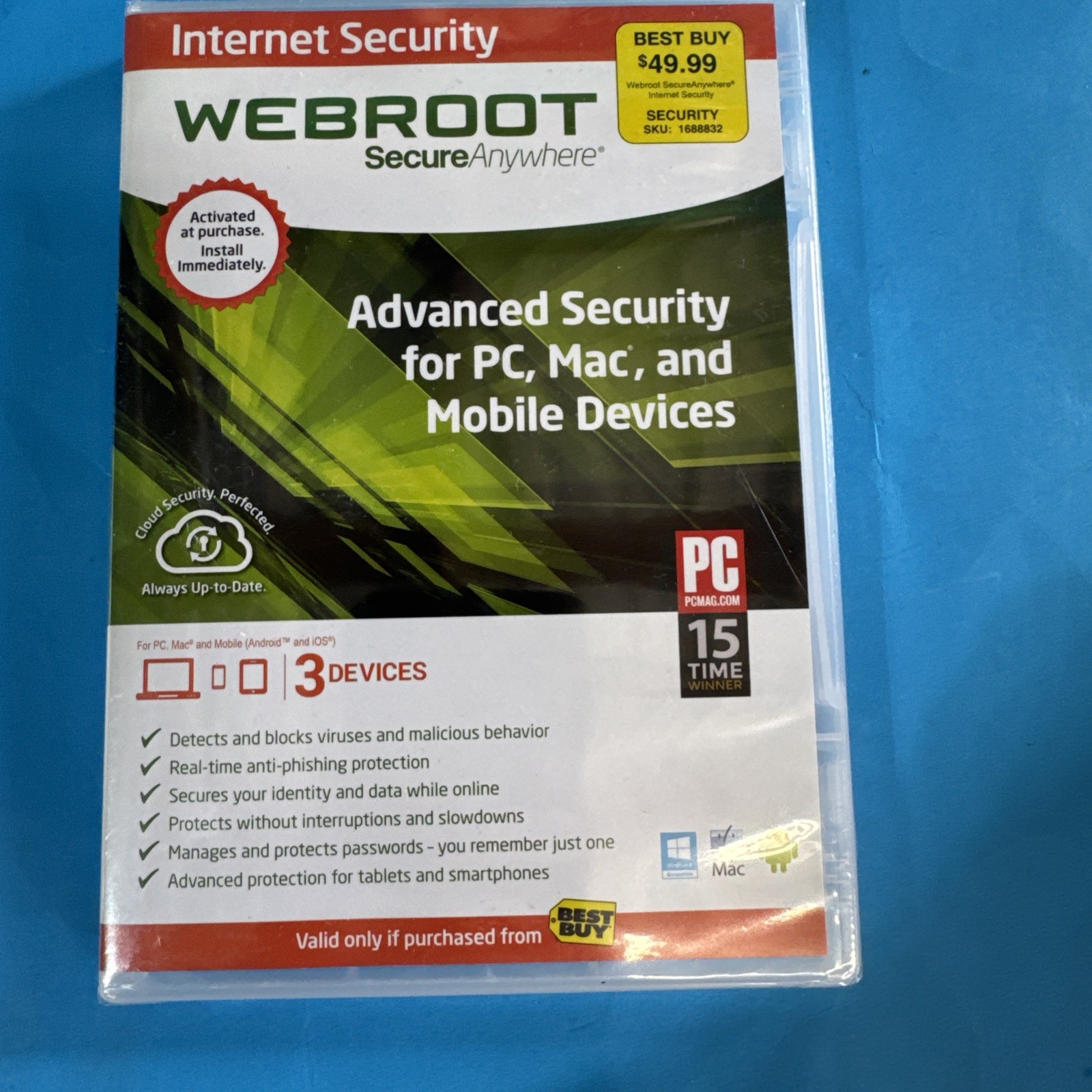 SEALED Webroot Secure Anywhere Internet Security 3 Devices Win/Mac/Android. SH P