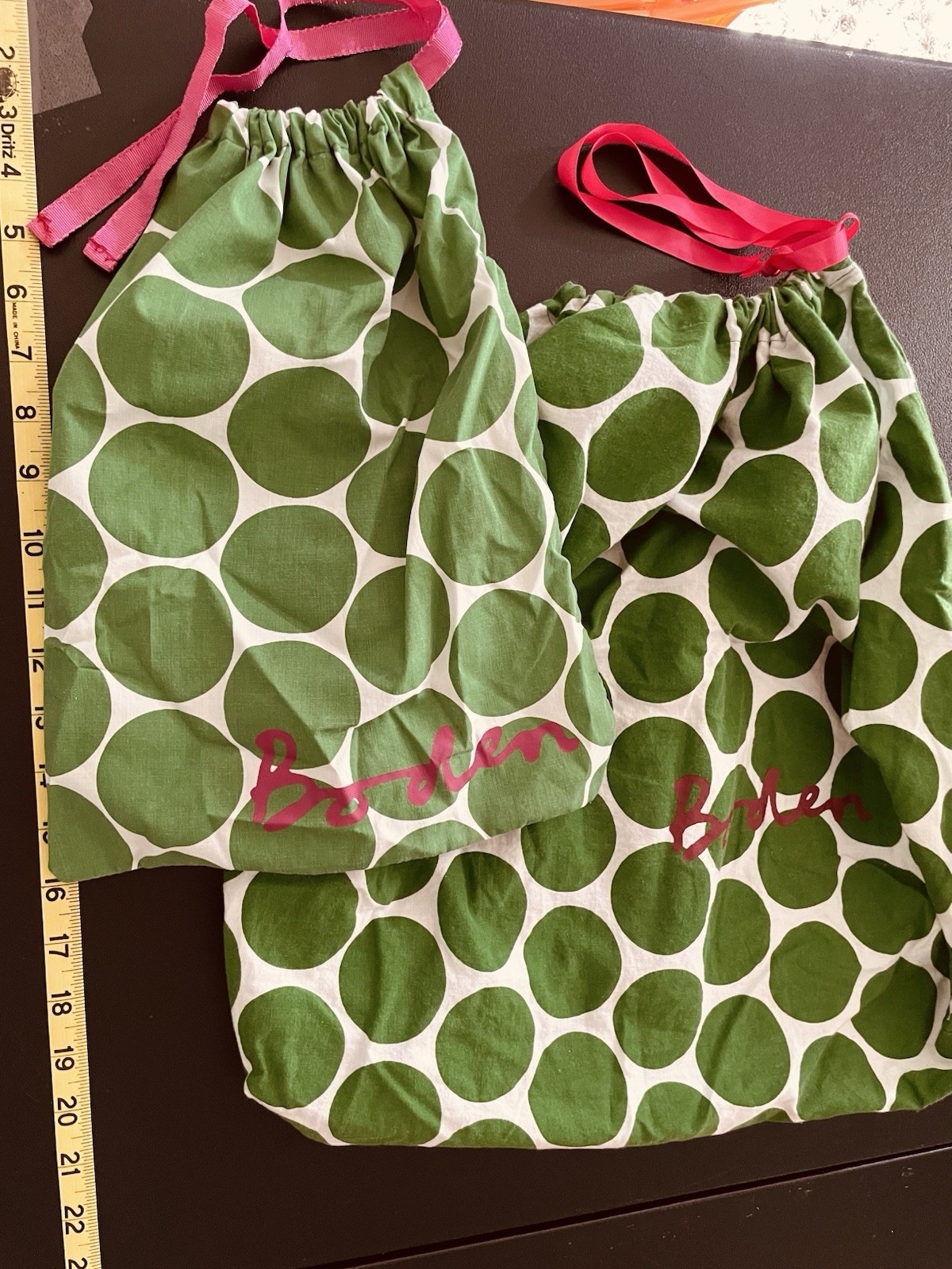 Boden  Dust Storage Bag Green Polka Dots Pink Logo 14" X 12" Dust Bag