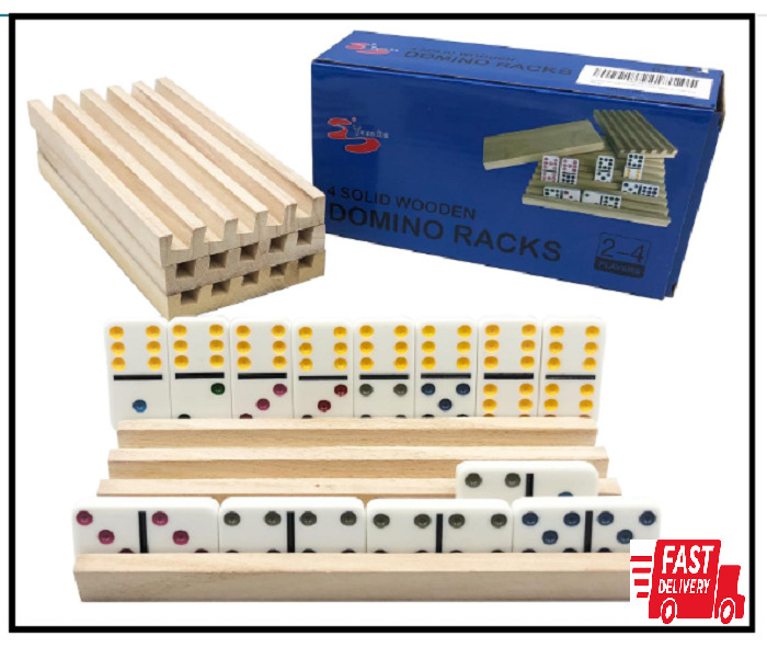 Domino Holder Trays Rack - Set of 4 Wooden Tiles Stand Holders for Mexican Train