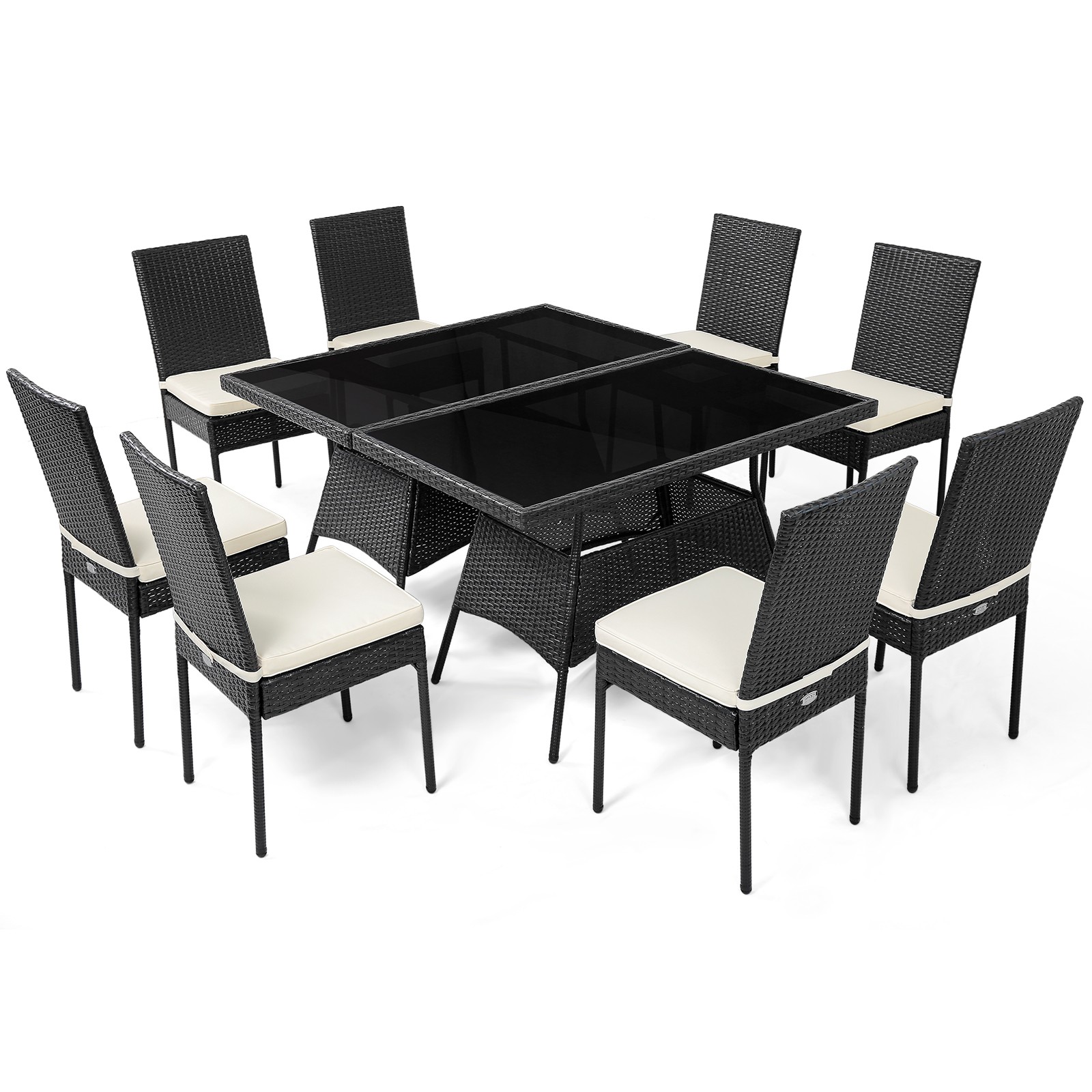 10PCS Rattan Dining Set Cushioned Chair Table w/ Glass Top Furniture Patio