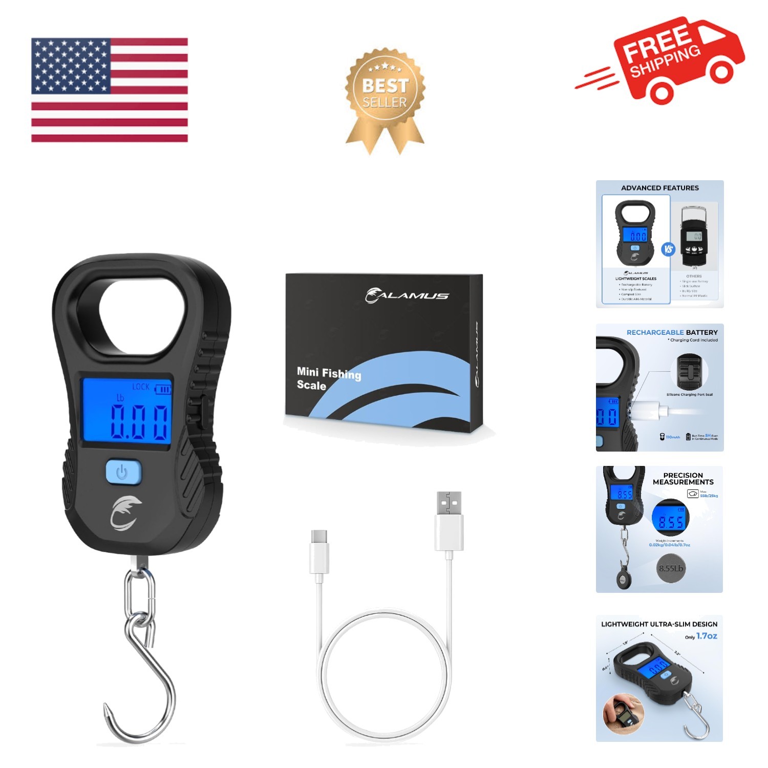 Lightweight Fish Scale, Rechargeable Digital Scale with USB Cable, 55lb Capac...
