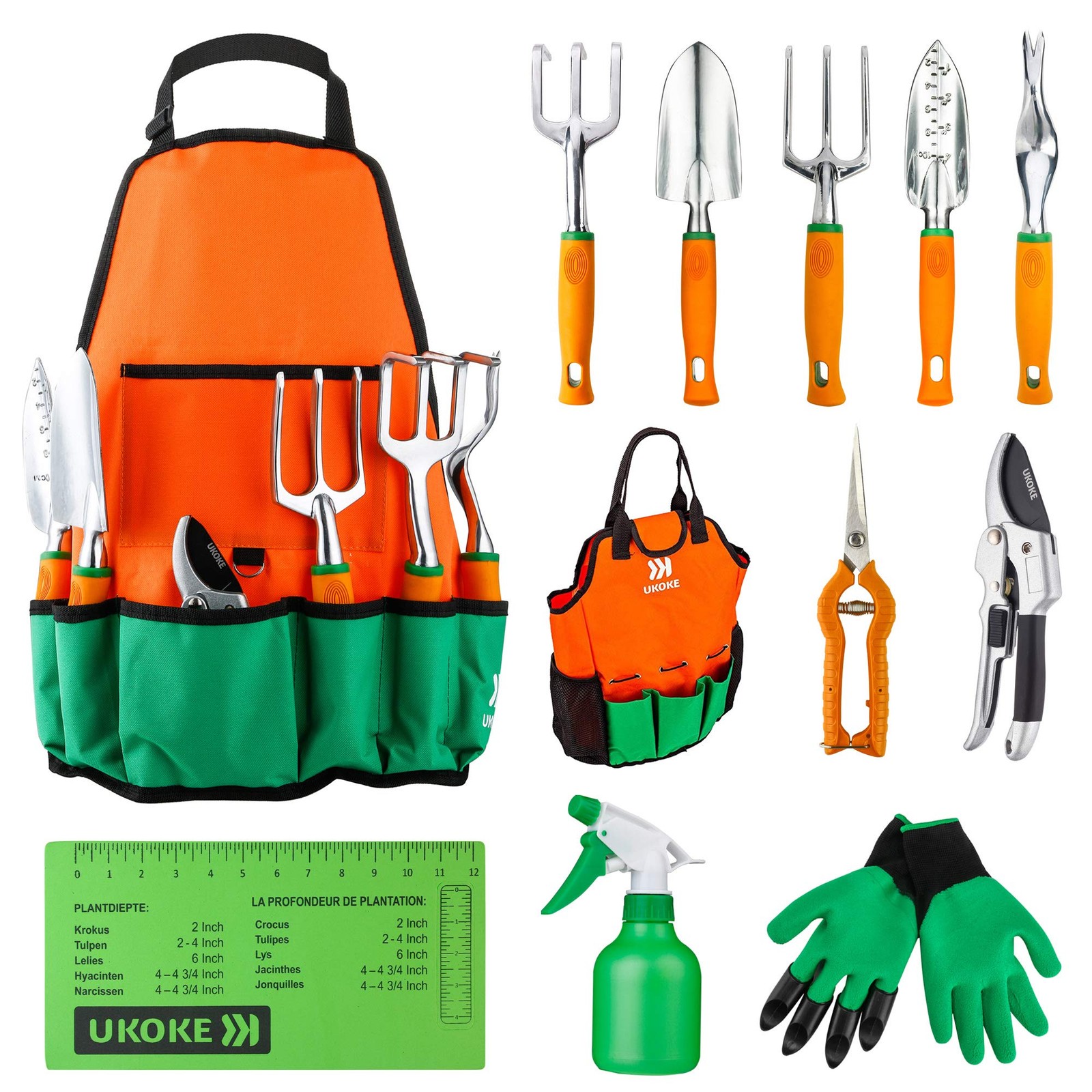 UKOKE Garden Tool Set, 12 Piece Aluminum Hand Kit, 12PCS, Orange