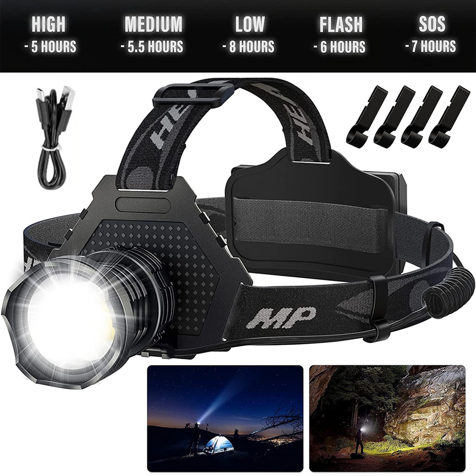 100000LM LED Headlamp Rechargeable Headlight Zoomable Head Torch Lamp Flashlight