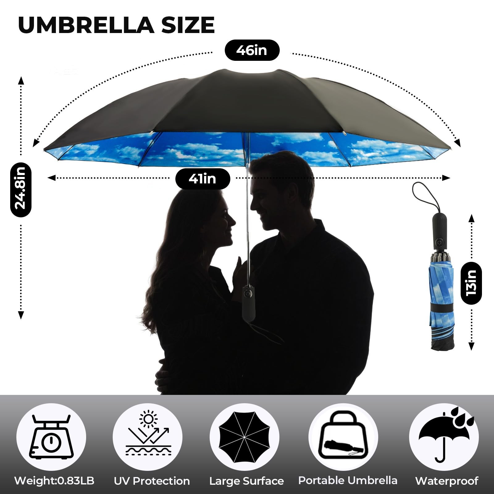 ZDSSM Compact Inverted Travel Umbrella, Automatic Open 46 Inch, High Clouds