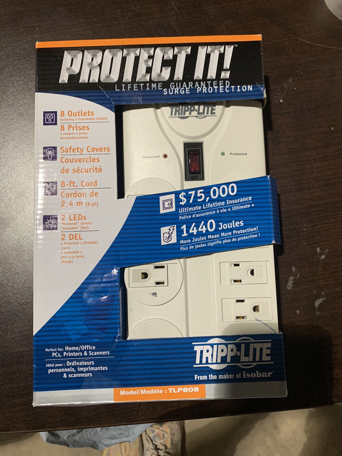 Tripp Lite 8 Outlet Surge Protector Power Strip 8ft Cord - Model TLP808