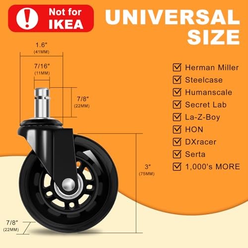 Office Chair Wheels for Casters Replacement - 3" Rubber Wheels 3 Inch 3" Black
